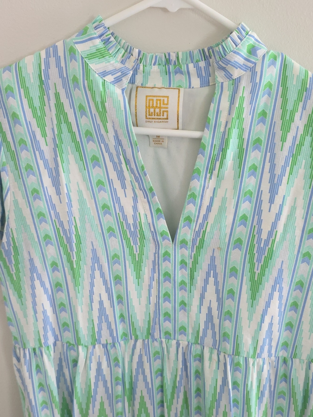 Emily McCarthy Blue & Green Printed Ruffle-Neck Tunic Dress